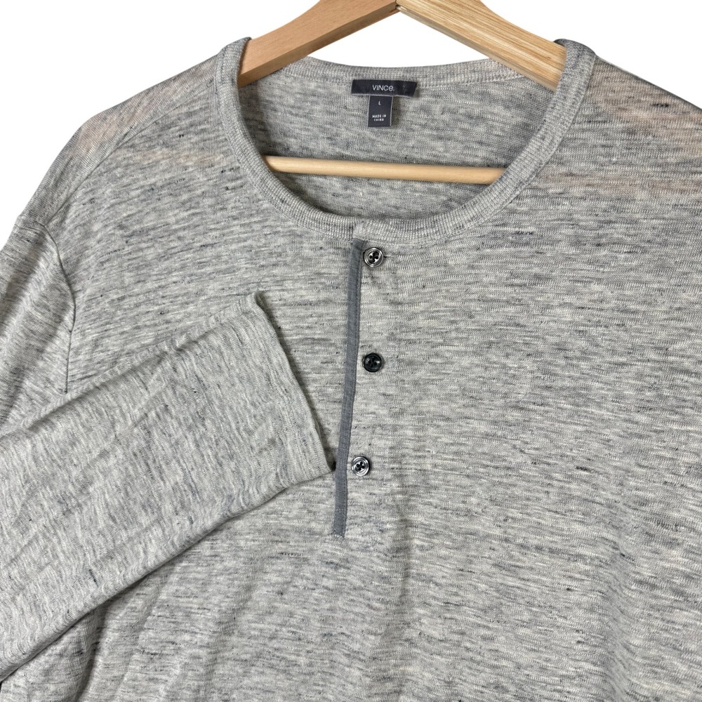 Vince Mens Gray 100% Linen Long Sleeve Henley Shirt Size Large Heathered